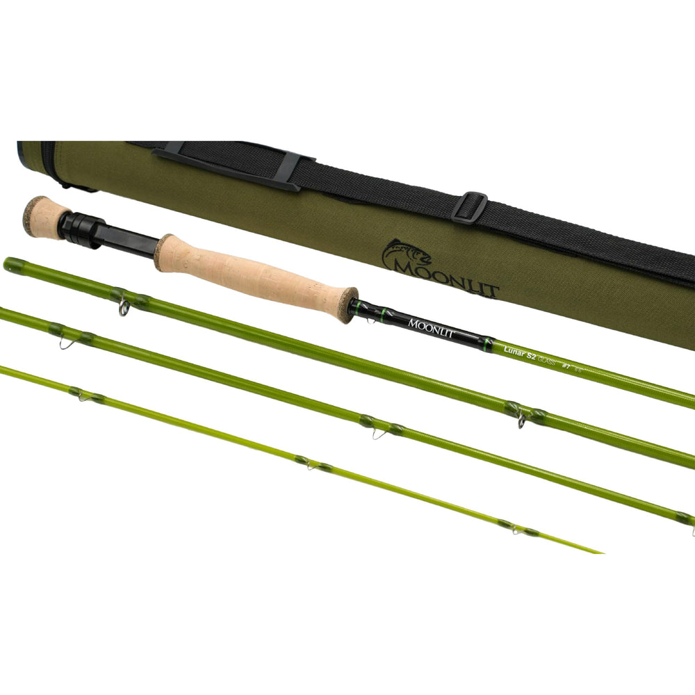 Moonlit Fly Fishing 7wt Lunar S2 Glass Rod olive assembled for travel
