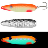 Moonshine Lures Tangerine Tarzan 4in spoon glows after UV exposure for predator attraction