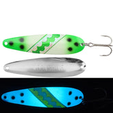 Moonshine Lures Green Knight trolling spoon glows under UV for deep-water trout and salmon