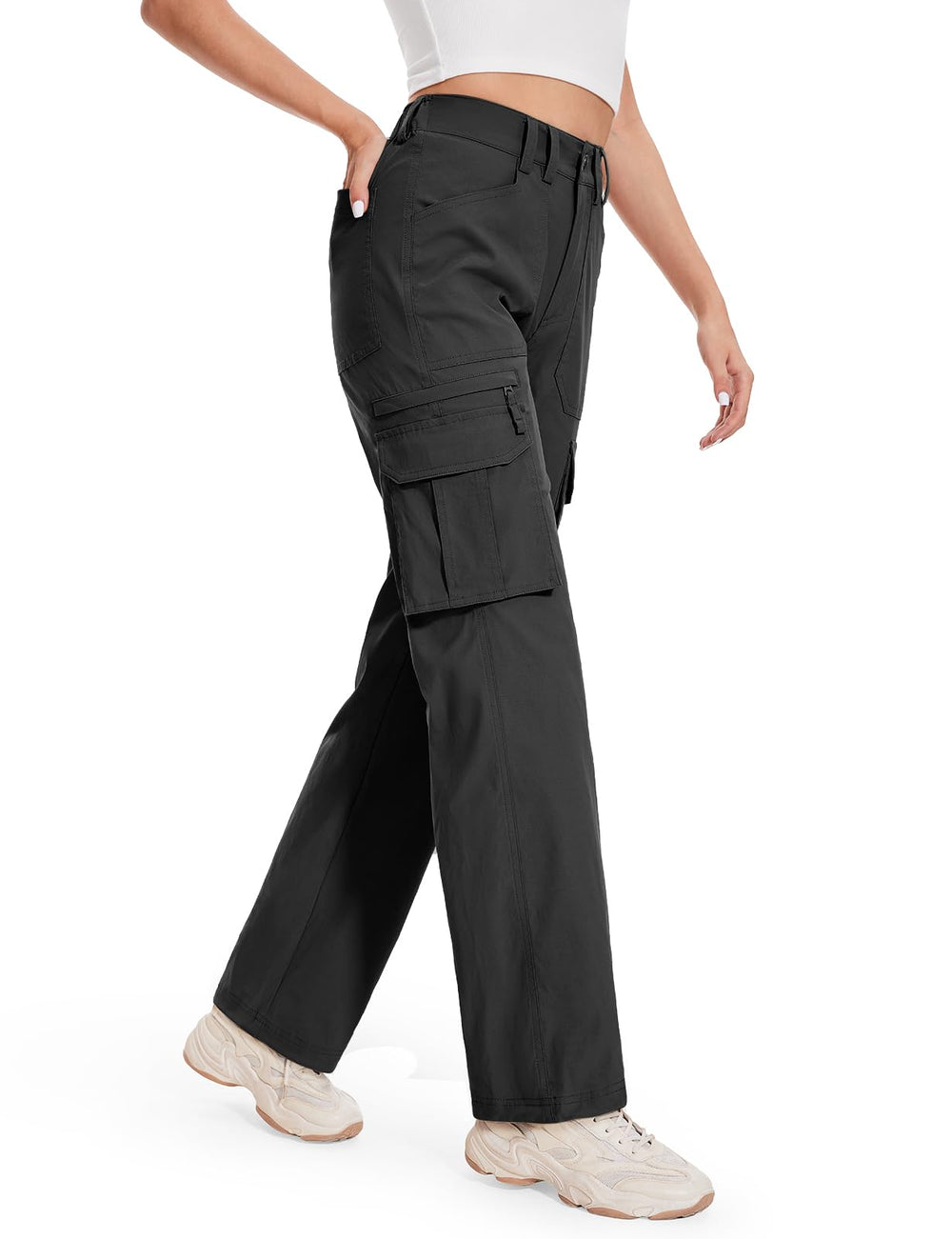 Moosehill cargo hiking pants women black front view, high waist for comfortable all-day wear.