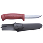 Morakniv Basic 511 knife blade close-up showing high carbon steel edge for sharpness.