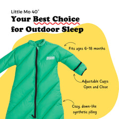 Morrison Outdoors Little Mo 40° sleeping bag side view shows adjustable cuffs for mobility.