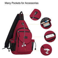 MOSISO sling backpack red adjustable strap adapts for crossbody comfort on daily routines