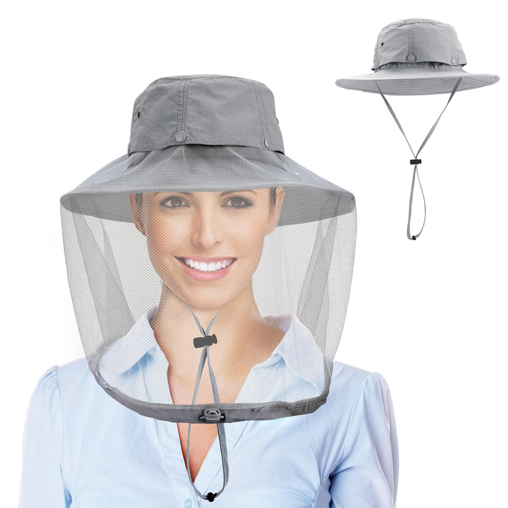 Grey mosquito head net hat with hidden mesh folded flat as a sun hat
