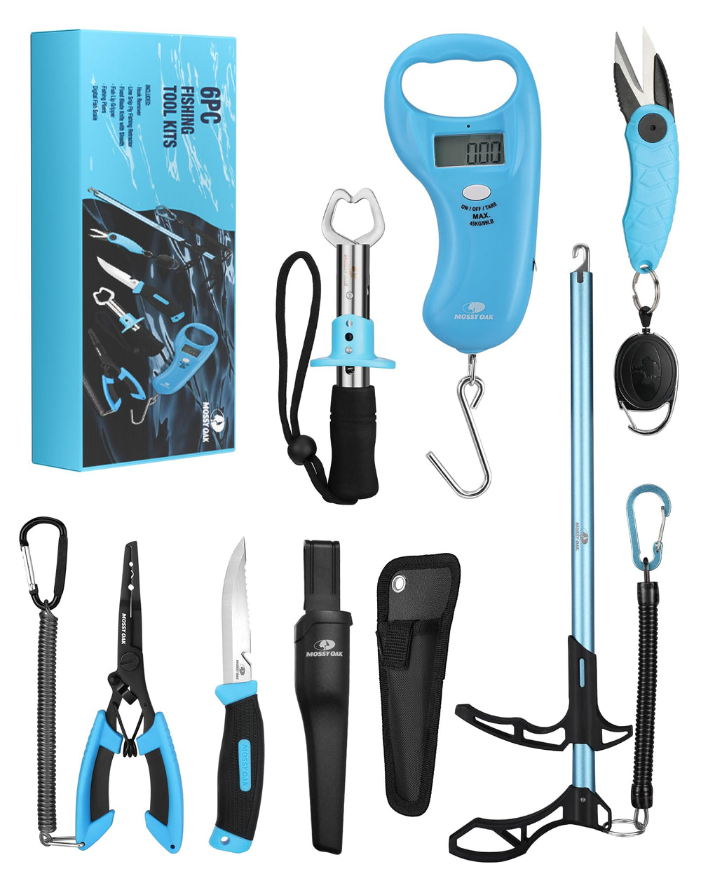 Overview of Mossy Oak 6-Piece Fishing Tools Kit with sheath and lanyard