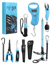 Overview of Mossy Oak 6-Piece Fishing Tools Kit with sheath and lanyard