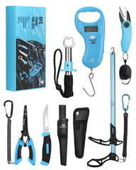Overview of Mossy Oak 6-Piece Fishing Tools Kit with sheath and lanyard