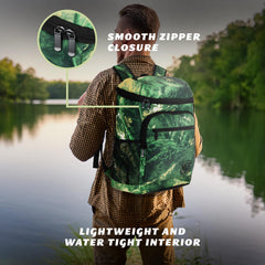 Mossy Oak MLF cooler backpack strap closeup—comfortable carry during long days.