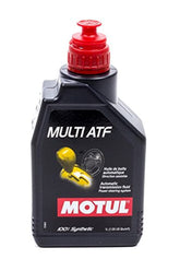 Motul MTL105784 bottle closeup, 100% synthetic ATF for smooth transmission shifts.