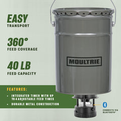 Close-up of metal hopper and lid on the feeder