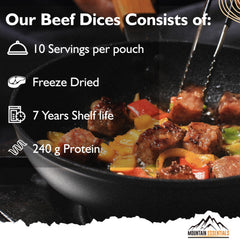MOUNTAIN ESSENTIALS Freeze-Dried Beef Dices close-up texture ready for meals