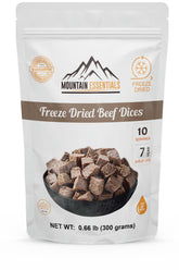 MOUNTAIN ESSENTIALS Freeze-Dried Beef Dices pouch front view for pantry storage