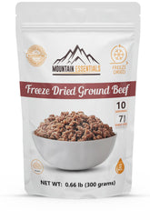 MOUNTAIN ESSENTIALS Freeze-Dried Ground Beef package on shelf for long-term storage and quick meals.