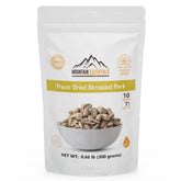 Mountain Essentials freeze-dried shredded pork packshot—compact long-term storage and quick protein for meals.
