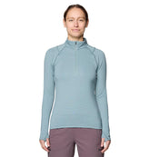 Mountain Hardwear Crater Lake heavyweight half-zip front view in Blue Sage highlights color and fit