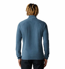 Mountain Hardwear MicroChill 1/4 Zip Pullover Montauk Blue Heather fabric closeup highlights brushed recycled fleece texture.