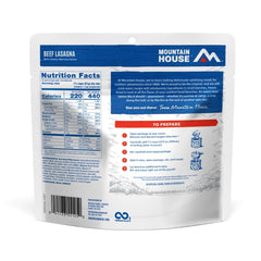 Mountain House Beef Lasagna pouch closeup emphasizes freeze-dried freshness for quick meals.