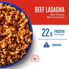 Mountain House Beef Lasagna ready-to-eat image communicates no cleanup, on-the-go satisfaction.