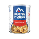 Mountain House Biscuits & Gravy can ready to serve for easy campsite breakfast.