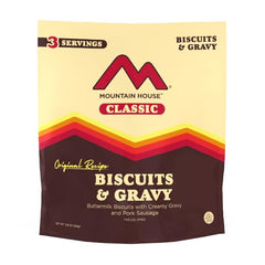 Ready-to-serve Mountain House Biscuits & Gravy dish after rehydration