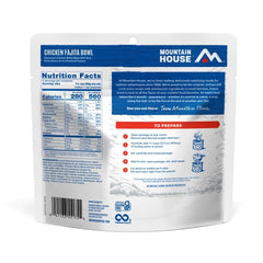 Mountain House Chicken Fajita Bowl pouch-serve — trail-ready meal with quick rehydration.