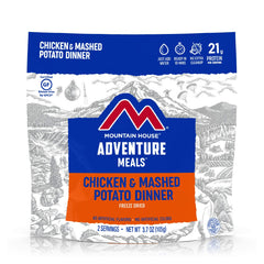 Mountain House pouch open shows ready-to-eat meal for backpacking trips.