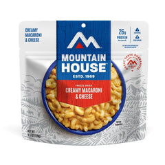 Mountain House Creamy Macaroni & Cheese pouch close-up shows convenient single-serve pouch