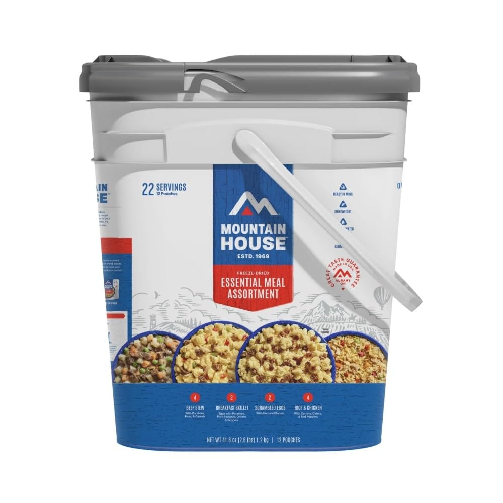 Mountain House Essential Bucket packaging ready for camping trips and easy storage.