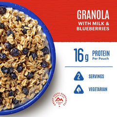 Mountain House granola with milk and blueberries in-cup highlights ready-to-eat trail snack.