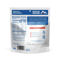Mountain House granola with milk and blueberries packaging showcases lightweight pantry staple.