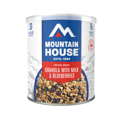 Mountain House Granola with Milk & Blueberries can front showcases ready-to-eat comfort on the trail.