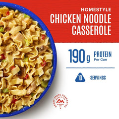 Mountain House homestyle chicken noodle casserole ingredients image highlights freeze-dried nutrients for quick meals.