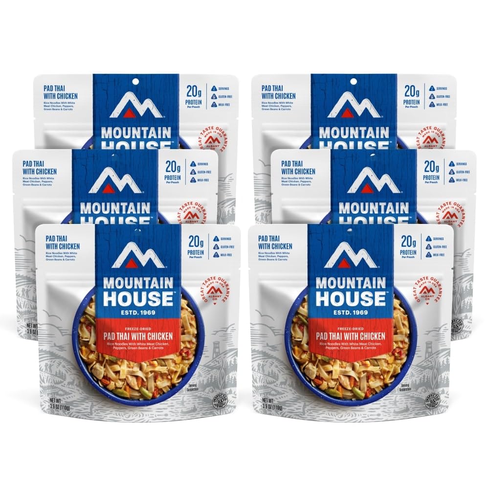 Mountain House Pad Thai with Chicken packaging overview for easy storage and quick meals