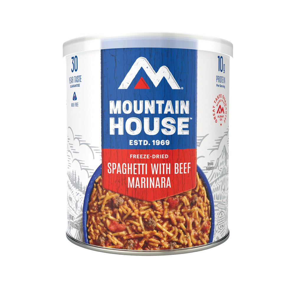 Mountain House Spaghetti with Beef Marinara can-front for trail dinners.