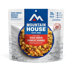 Mountain House Veggie Chorizo Breakfast Scramble ingredients closeup showcases gluten free vegetarian mix.