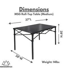Mountain Summit Gear heavy-duty roll-top table folded compact for easy transport and storage at camp.