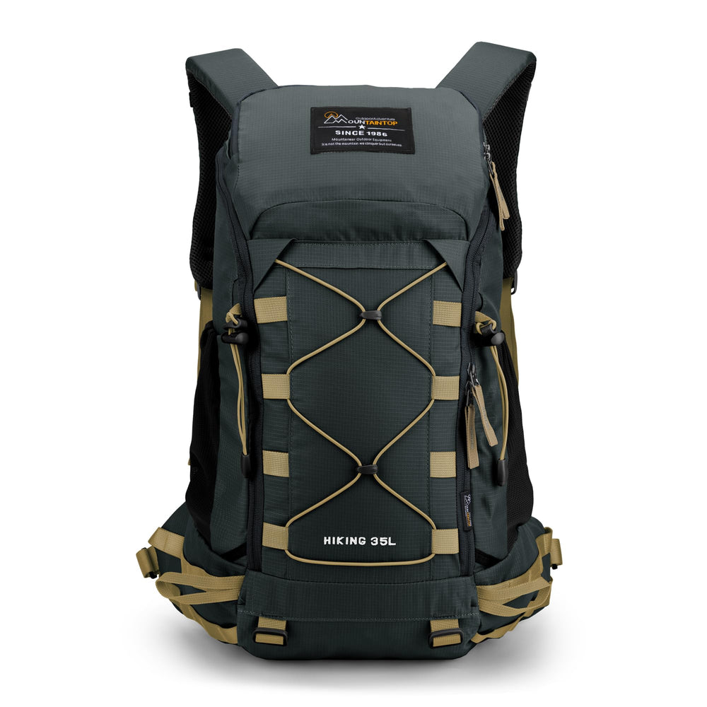 MOUNTAINTOP 35L hiking backpack front view shows rugged durability for outdoor adventures.