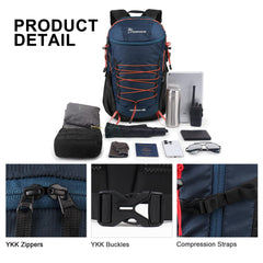 MOUNTAINTOP hiking backpack strap system image shows reinforced, comfortable load transfer.