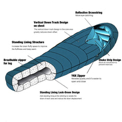 Mountaintop ultralight mummy down sleeping bag measurements suit most users for easy packing.