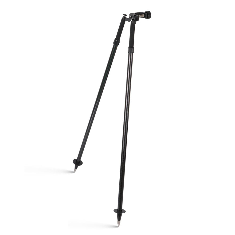 Mountlaser CLS22C carbon fiber bipod front view for stable on-site leveling and prism pole support.