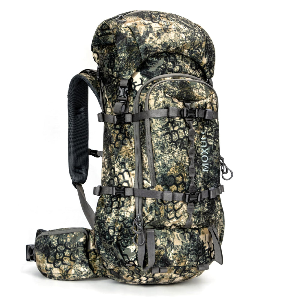 MOXULE Pro 2400 camo frame backpack front view showing ergonomic suspension