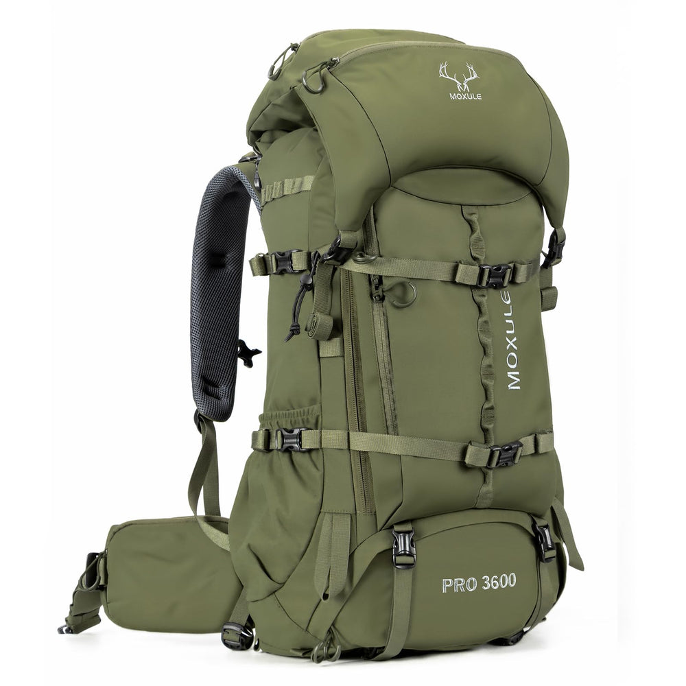 MOXULE Pro 3600 frame-backpack in green demonstrates ergonomic suspension for long treks.