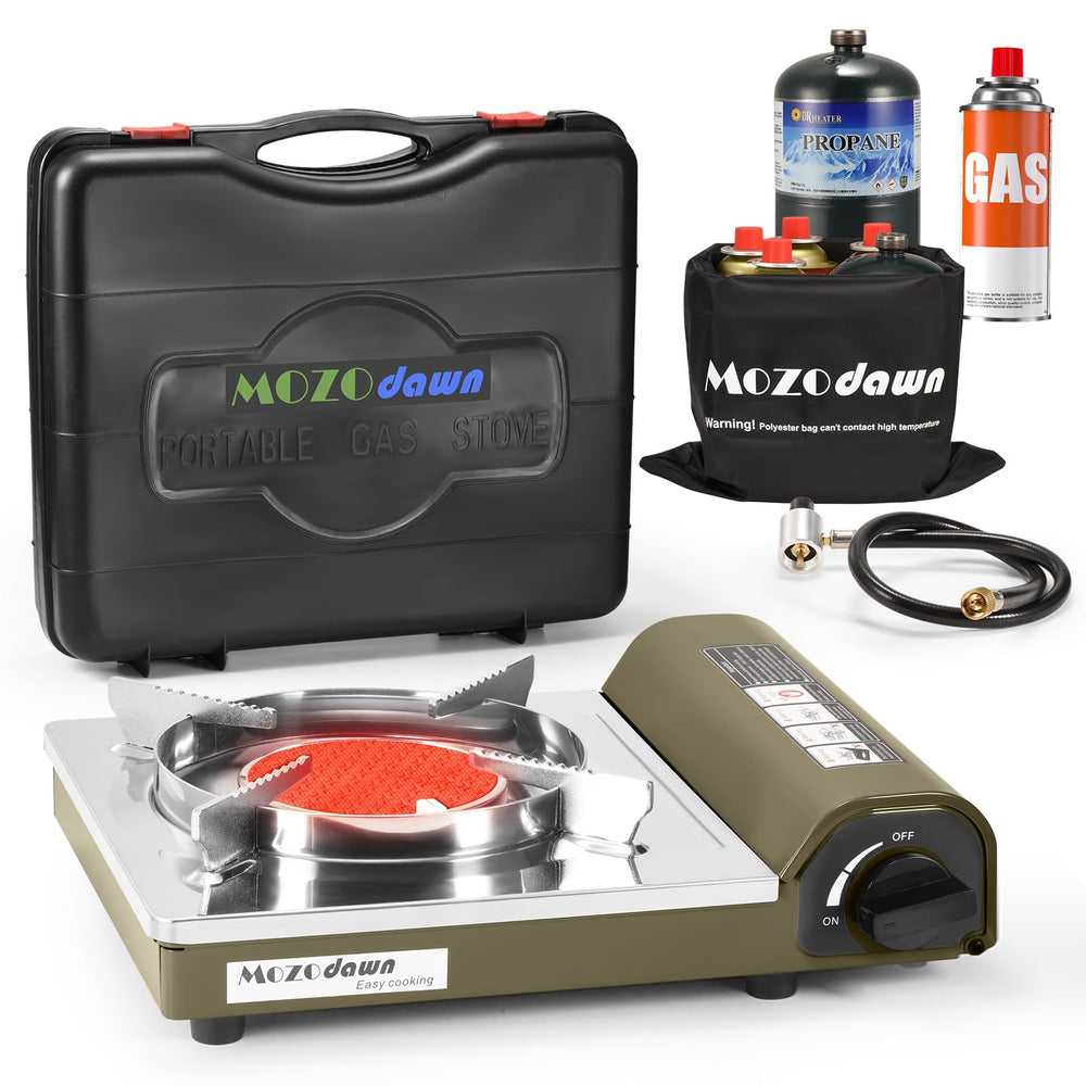 MOZODAWN dual-fuel stove in outdoor use delivering stable heat for quick meals.