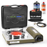 MOZODAWN dual-fuel stove in outdoor use delivering stable heat for quick meals.