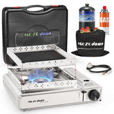 MOZODAWN dual-fuel stove setup delivering quick heat for camping meals.