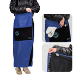 The Mozy wearable blanket blue on bleachers offering warm, hands-free comfort.