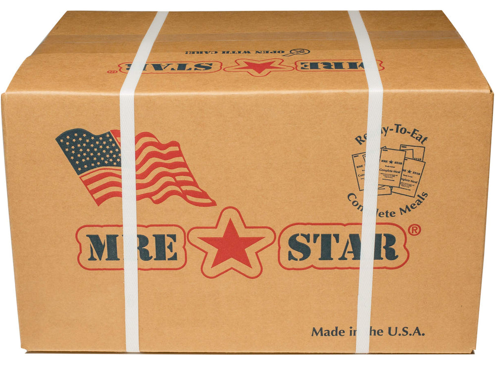 MRE Star case of 12 MREs, compact emergency meals for outdoor adventures.