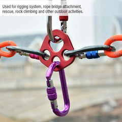 Mrisata Climbg anchor point plate keeps carabiners organized for efficient setup.