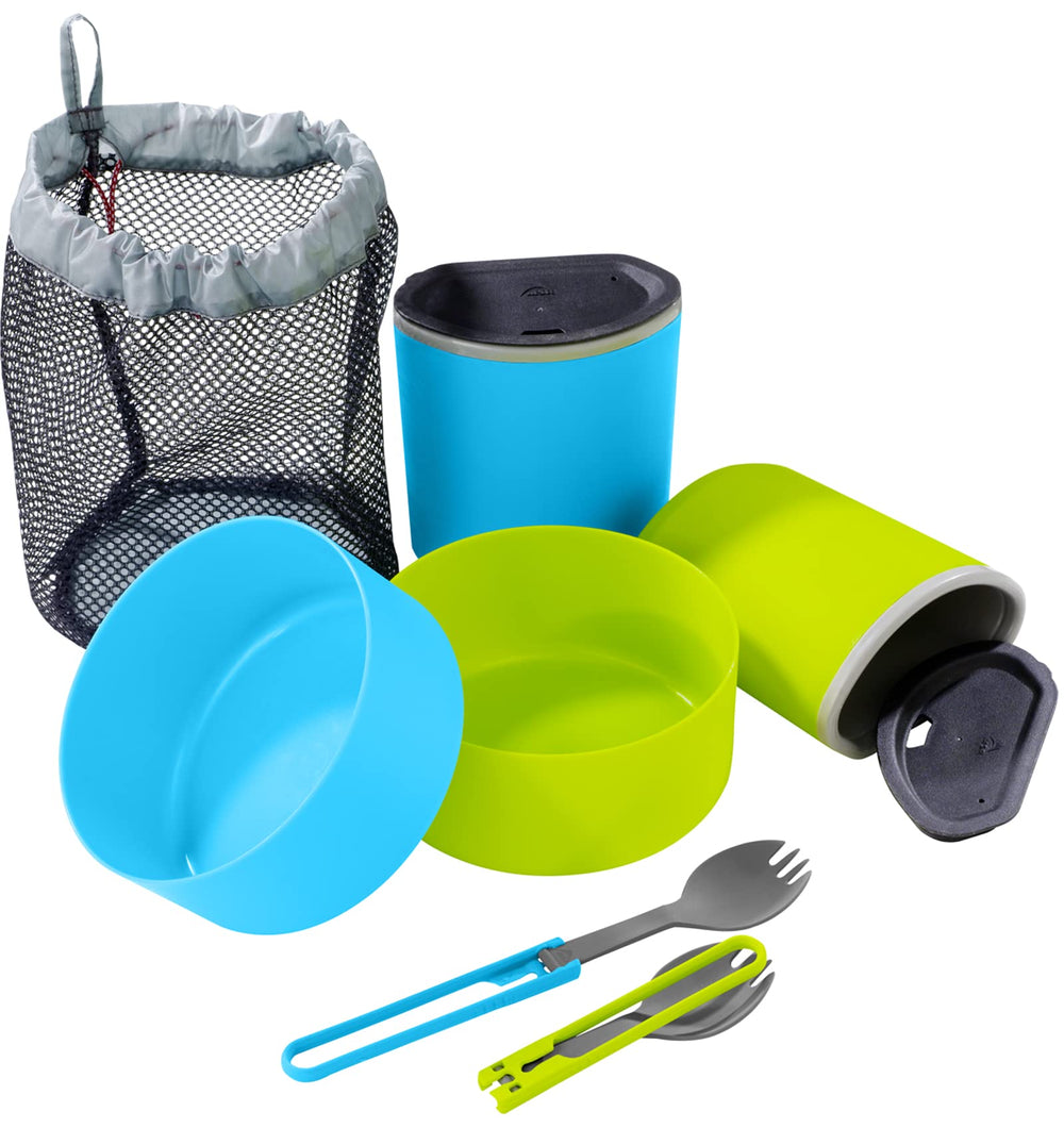MSR 2-person camping mess kit with blue and green colors, ready for outdoor meals.