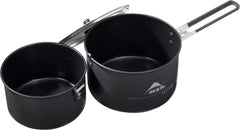 MSR 2-Pot set nests compactly to save pack space on backpacking trips.